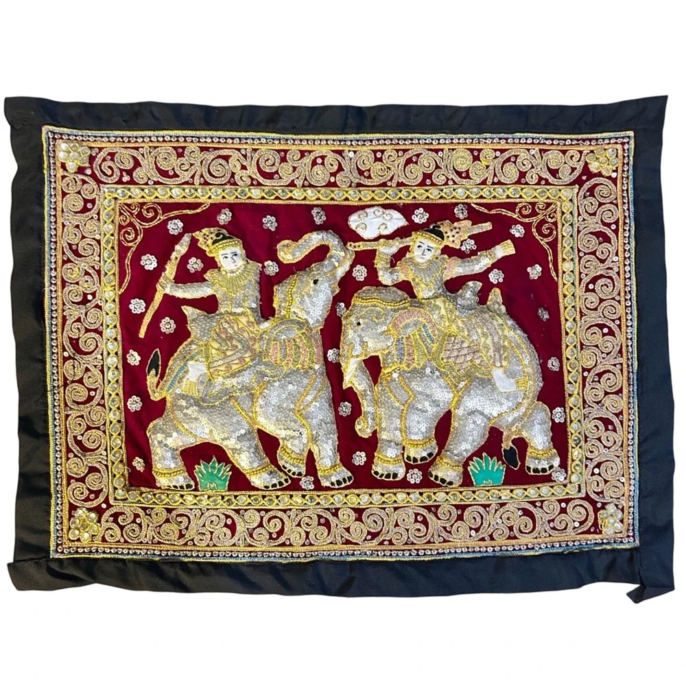 Vintage Kalaga Tapestry Velvet beaded wall scroll Gold Elephant Embroidery
